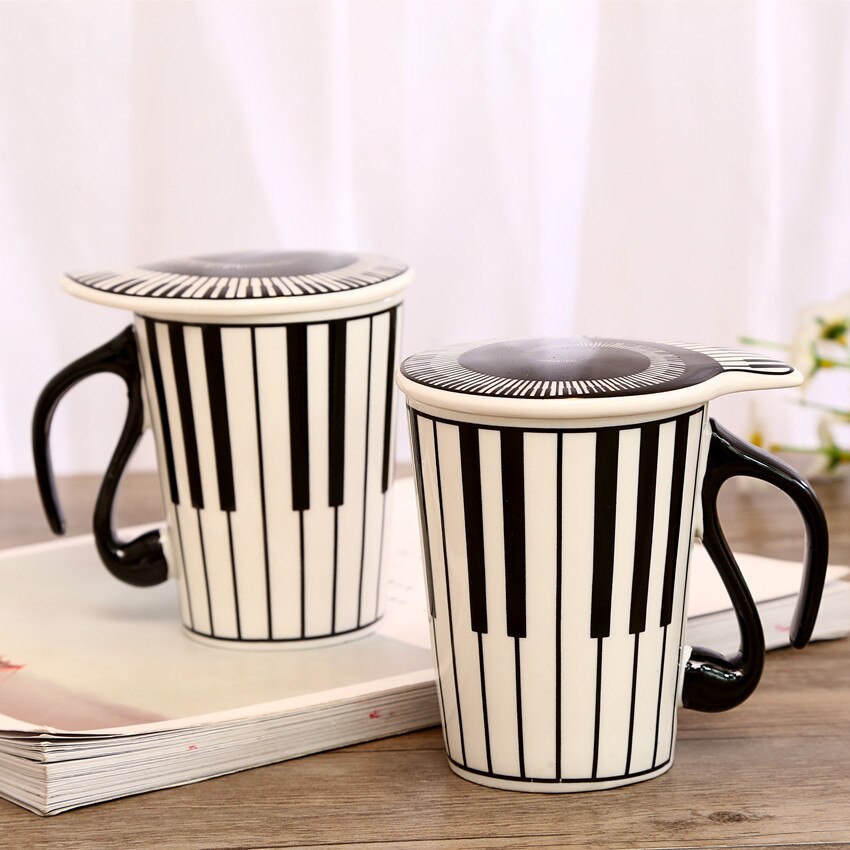 Ceramic Music Cup Musical Note Mug Couple Keyboard Pair Cup with Lid Coffee Cup