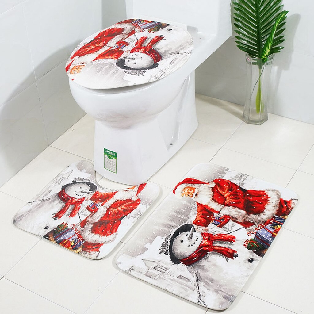 4 st badmatsset jultoalett tomte jultryck toalett badrumsmatta halkskydd och duschdraperi set för hembadrum: B