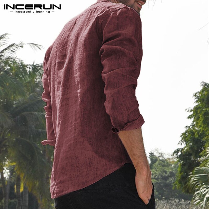 5XL Mens Dress Shirts Long Sleeve Button Crew Neck Linen Cotton Shirts Solid Loose Autumn Hiphop Plus Size Male Clothes
