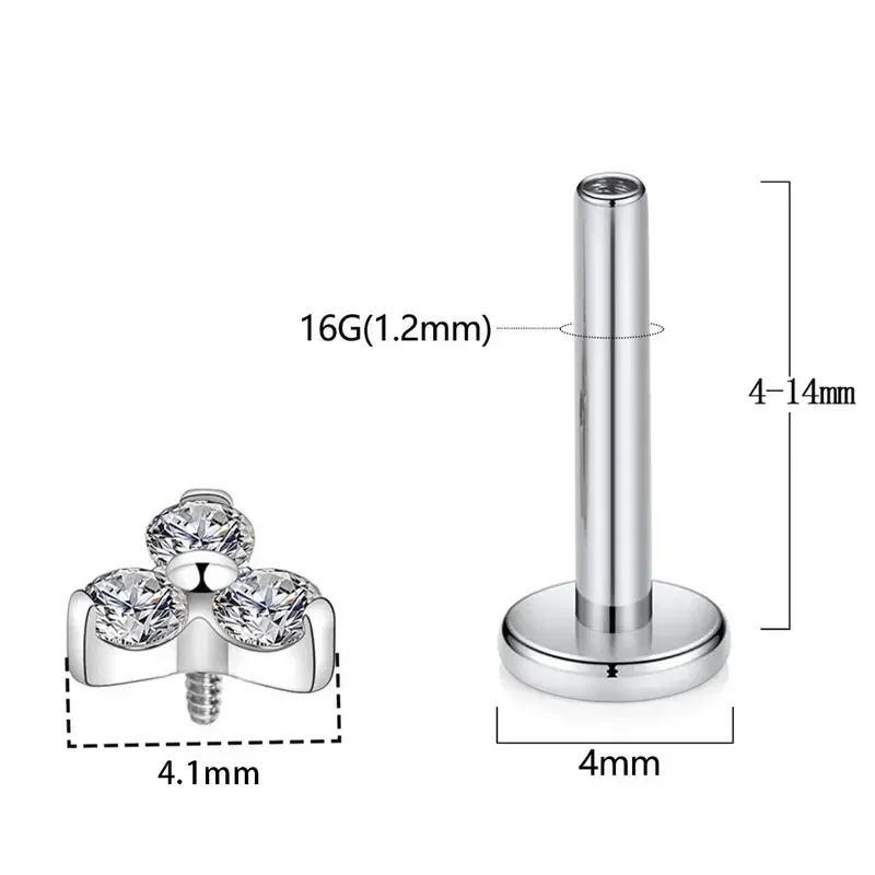 ASTM F136 Titanium Trinity Piercing Zirconia Paved Top Threaded Labret Studs Tragus Earrings Lip Tongue Stud Piercing Jewelry