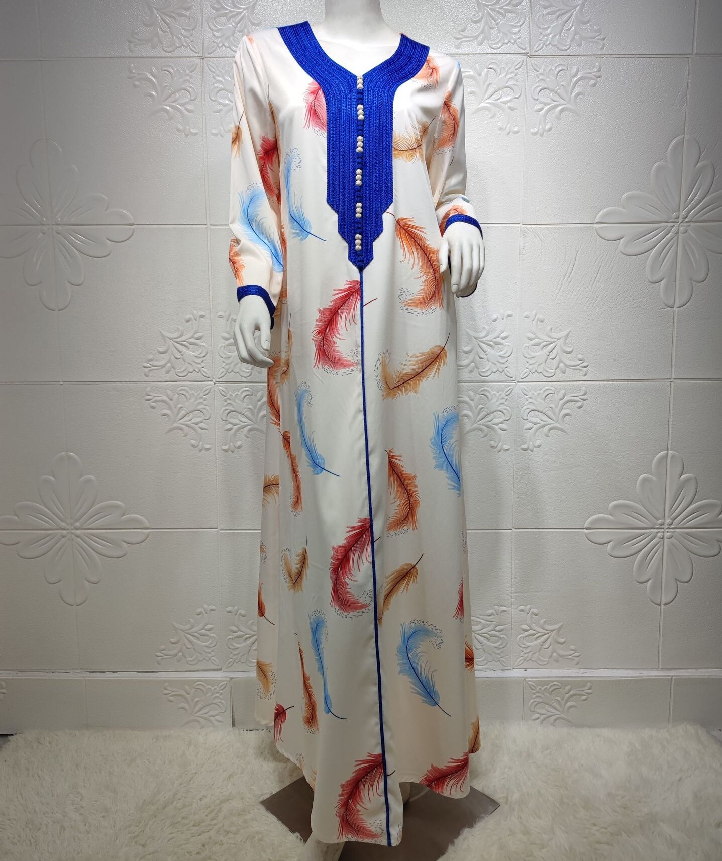 Veer Bloemen Jalabiya Dubai Abaya Maxi Jurk Voor Vrouwen Ramadan Eid Marokkaanse Turkije Arabische Moslim Islamitische Kleding Jurken: M