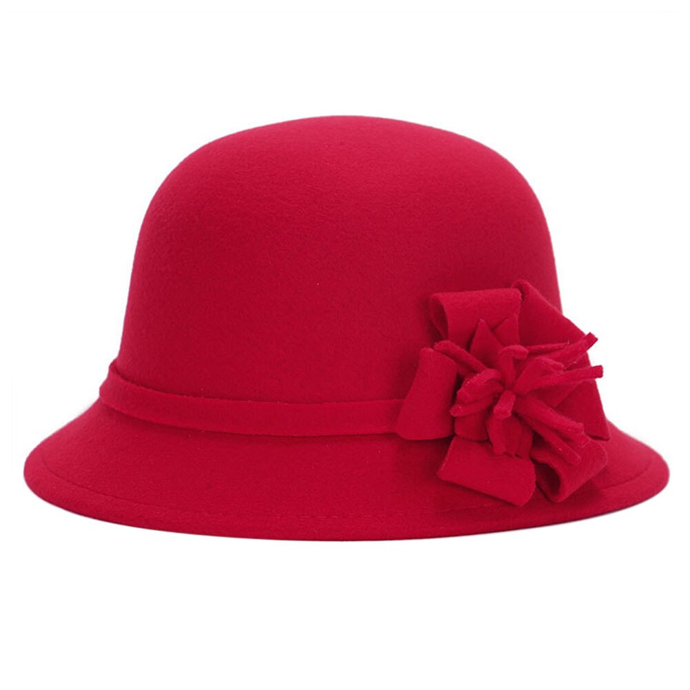 Kvinder vintage cloche spand hat efterår vinter bowler cap runde blomster filt efterligning uld voksne bred randen varm: Rød