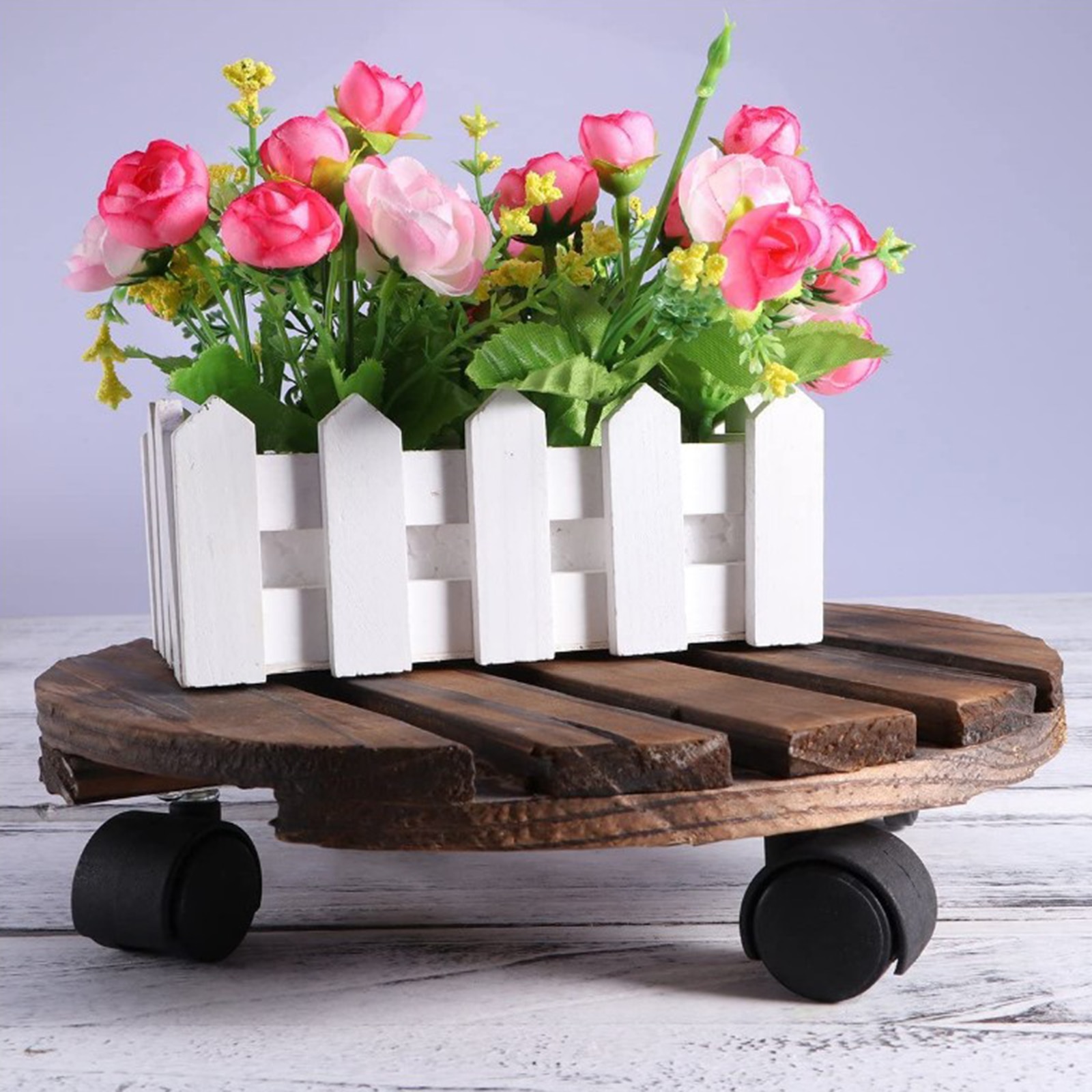 Round Wheeled Wooden Planter Caddy Movable Plant Flower Pot Stand with Wheels for Home Office Hotel Restaurant