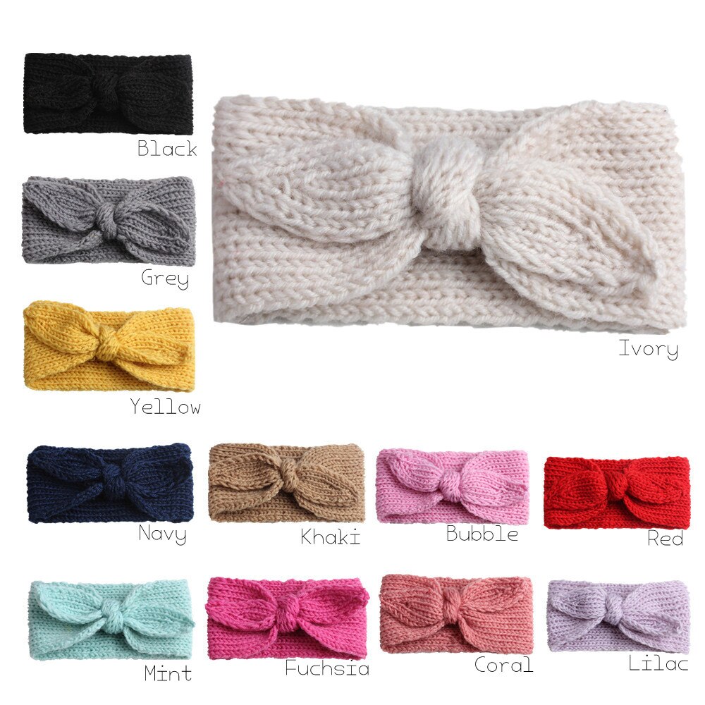 12pcs/lot Crochet Knotted Headwrap Solid Bunny Ear Headband Turban Knitted Winter Warm Hair Band For Babys