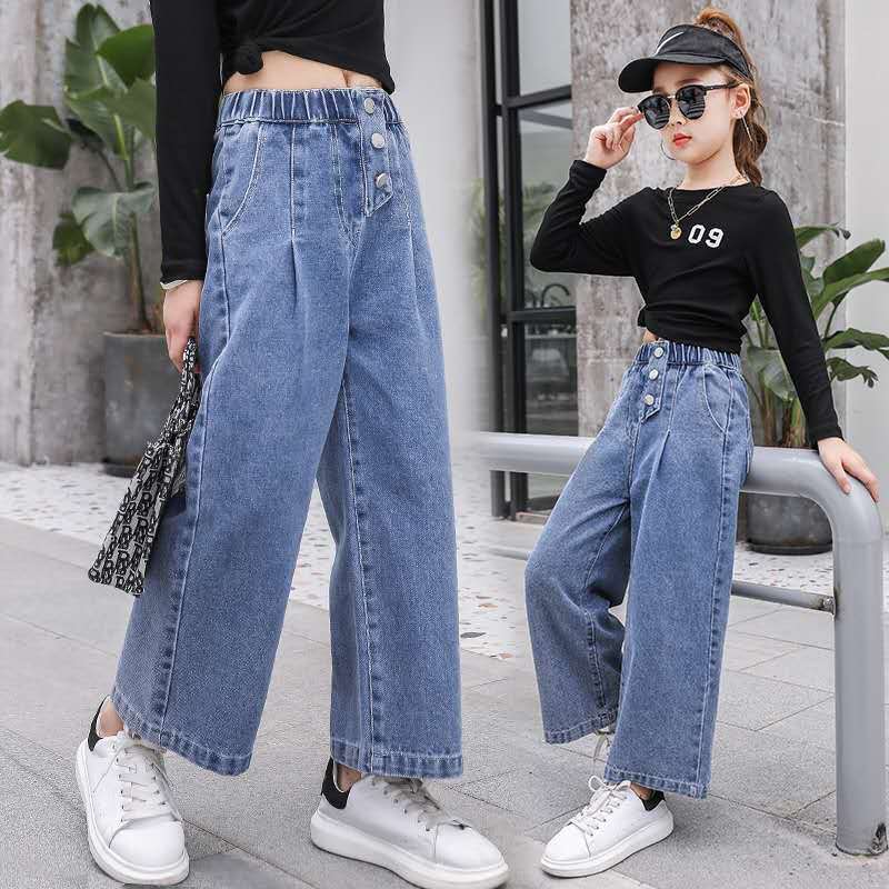 Meninas primavera e outono perna larga denim calças de cintura elástica sólida crianças jeans coreano em linha reta 3-13 anos de idade das crianças