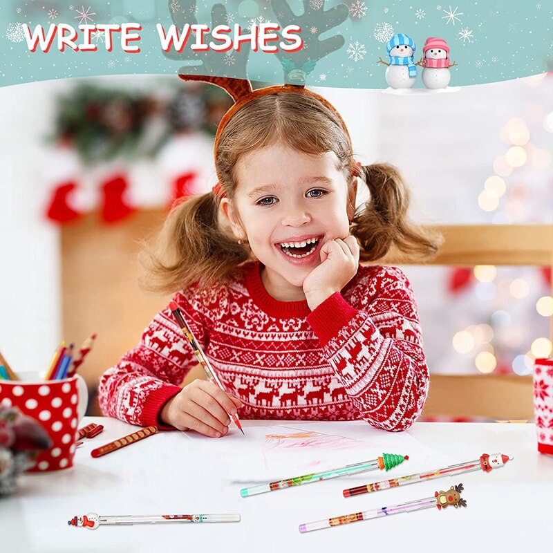 Christmas Pencils Multi Point Stackable Push Pencil with Santa Claus, Christmas Tree, Snowman, Elk for Kids (56Pcs)