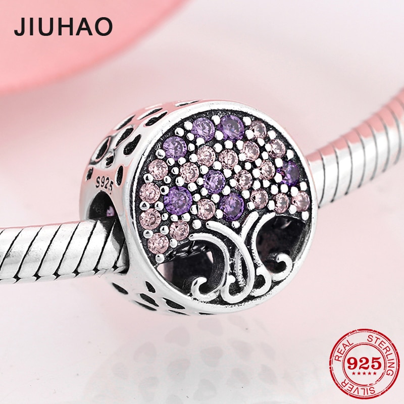 Vendita calda 925 sterlina d'argento albero di vita viola e rosa CZ Pendenti E Ciondoli Misura Branelli Originale JIUHAO Braccialetto di Fascino Dei Monili che fanno