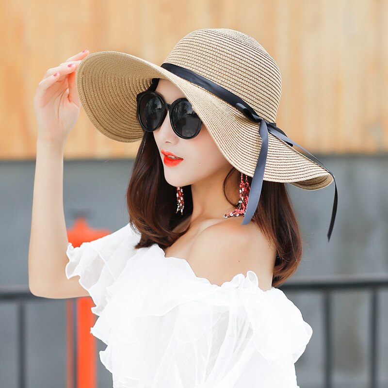 women's straw hat wide brim sun hat ladies solid black ribbon bow floppy beach hat female packable summer hat