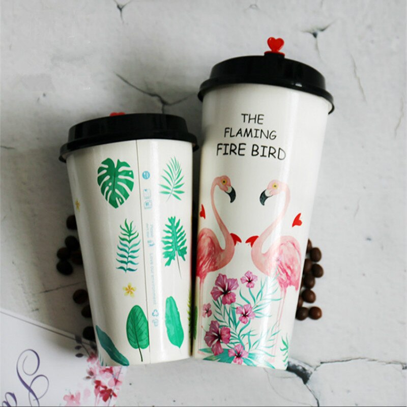 50pcs flamingo disposable coffee cup 500ml 700ml net red milk tea paper cups cold drink glass with covers