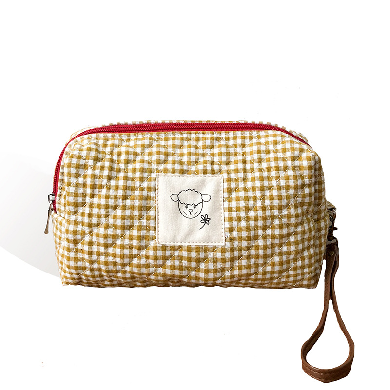 Koreaanse gewatteerde make-uptas voor dames, make-up opbergtas, draagbare toilettas, effen kleur, dames beautycase, etui voor benodigdheden: Gele ruit
