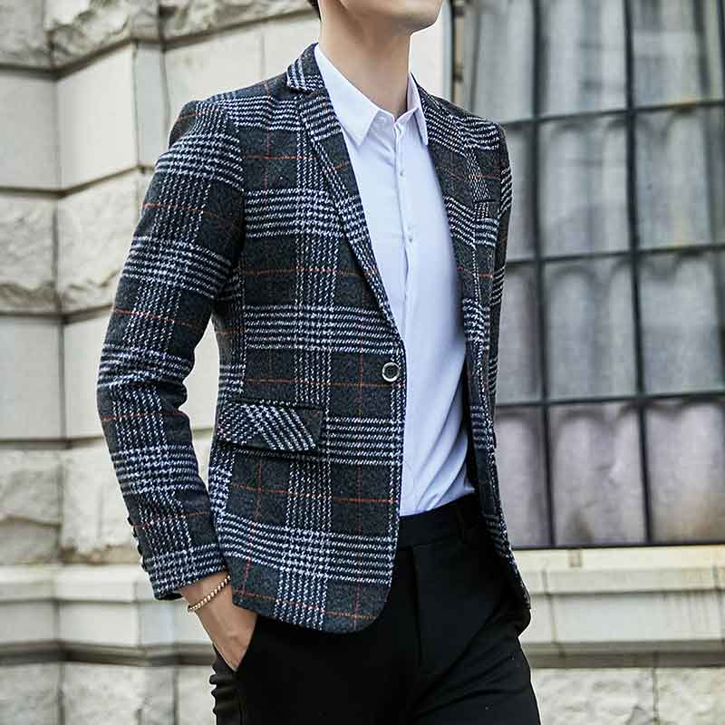 Rutig herr kavaj höst terno masculino casual business enknapps slim fit khaki grå kostymer jacka herr kavaj homme: Mörkgrå / Xxl