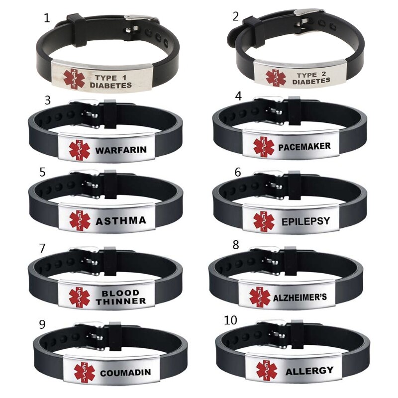 Pulsera de silicona con alerta médica para hombre y mujer, brazalete de silicona ajustable para Diabetes tipo 1, para primeros auxilios de emergencia, Color Rojo