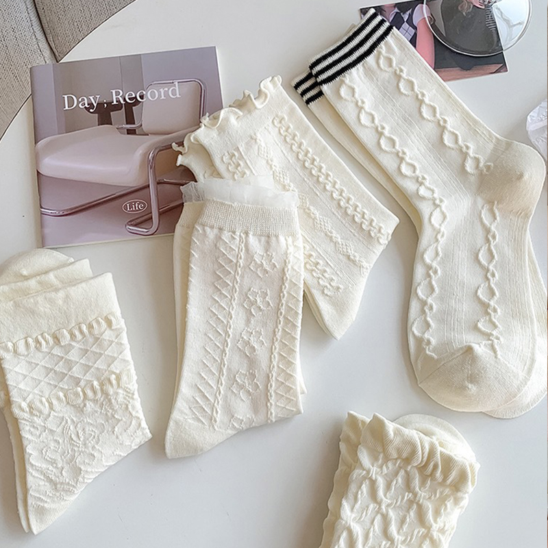 Calcetines tobilleros de algodón con volantes para mujer, medias cortas de tubo medio, transpirables, color blanco y negro, para primavera y otoño, 5 pares