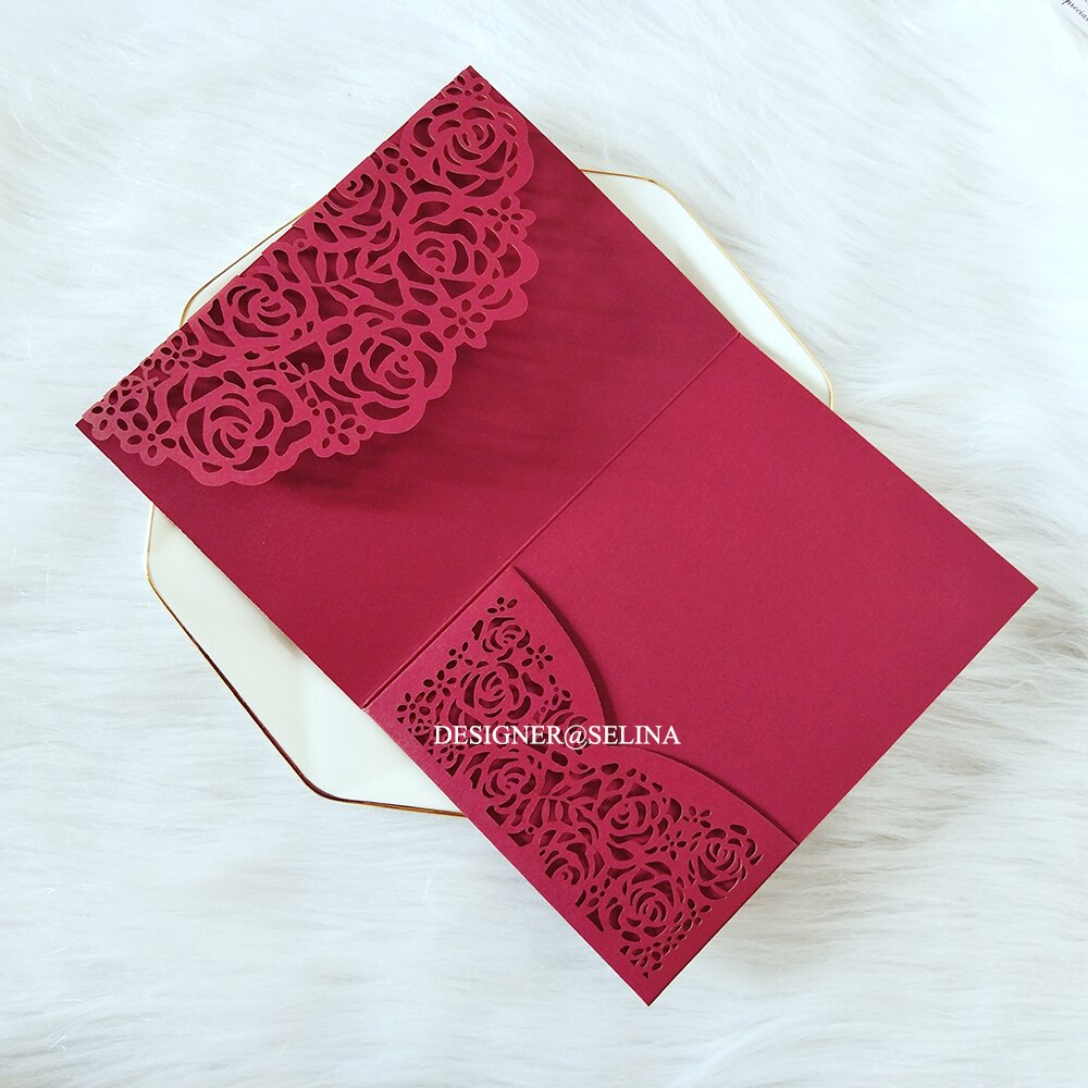 Burgundy Flower Print Wedding Invitation With Information Card And Envelope DIY Greeting Cards For Announcement Party