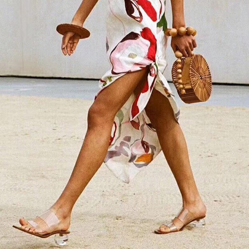 Verano mujer Zapatillas transparente Mujer Sandalias geométricas cristal talón cuadrado Toe playa señoras Casual zapatos mujer
