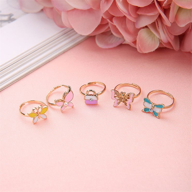 36 pcs Alloy Cartoon Rings With Bow tie box Colorful Lovely Adjustable Jewelry Party Favors Toys for Children Kids