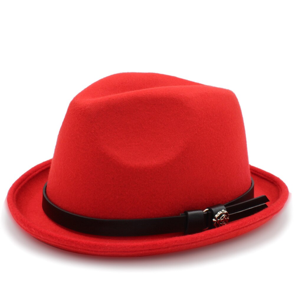 Mænds filt fedora hat til herre vinter efterår kirke roll up brim homburg far jazz hat med bælte: Rød