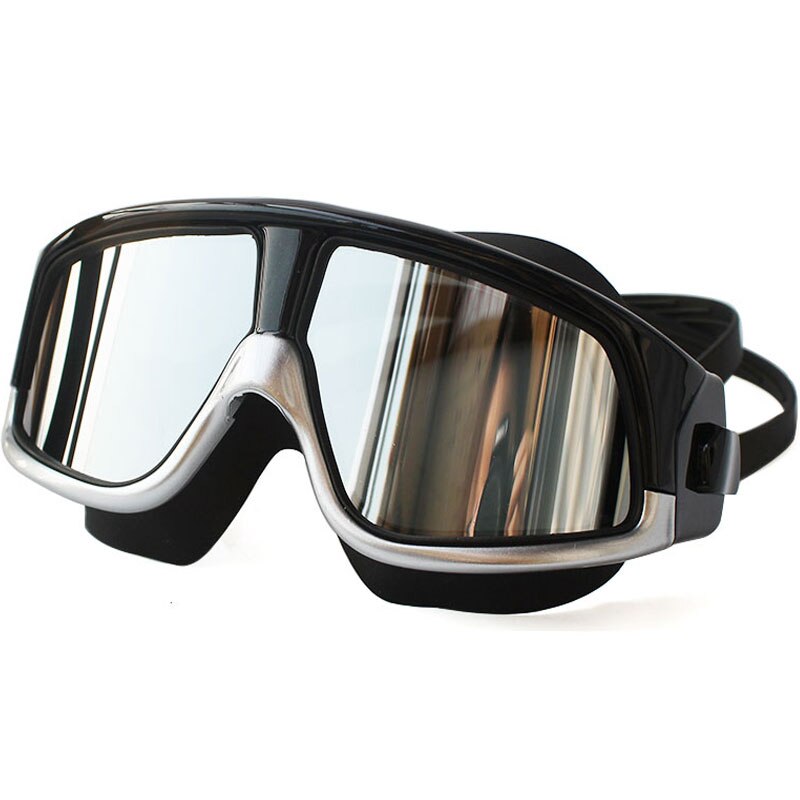Waterproof Comfortable Silicone Big Frame Polarized Swim Glasses Anti-Fog UV Protection Swimming Goggles for Men Women: Black Silver