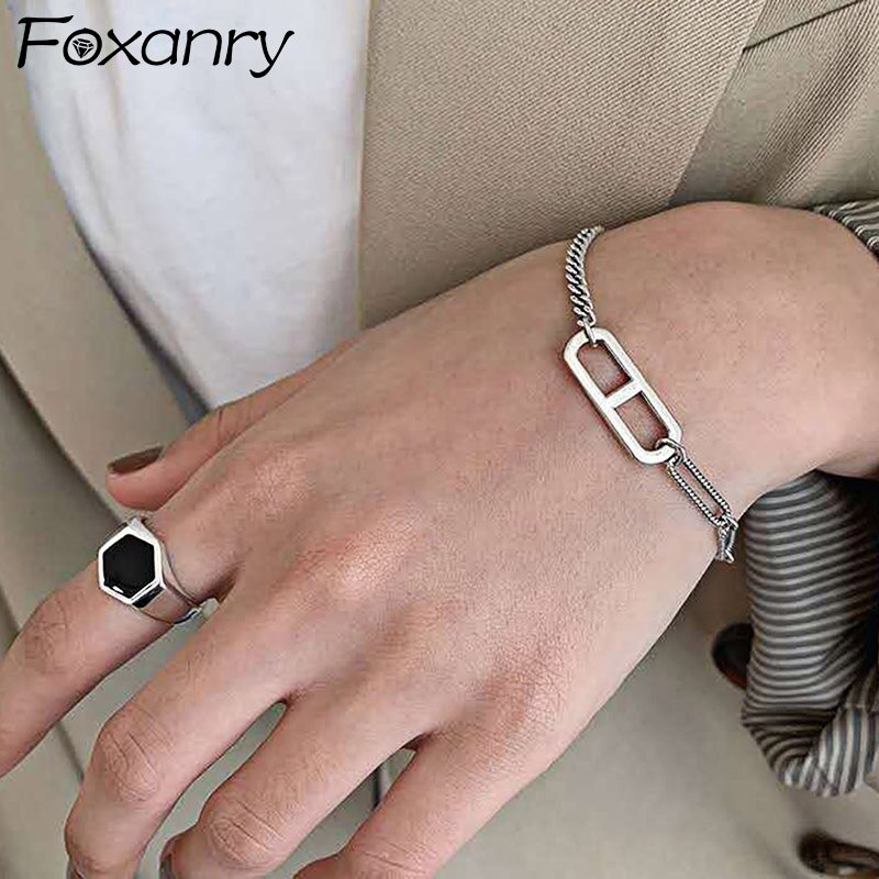 Foxanry 925 Sterling Zilver Trendy Armbanden Voor Vrouwen Vintage Eenvoudige Thai Zilver Hollow Geometrische Ovale Verjaardagsfeestje Sieraden