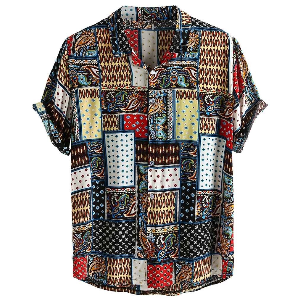 KLV man blouses Cotton tunic Mens Vintage Ethnic Style Printing Loose Short Sleeve Stand Collar Casual Shirt