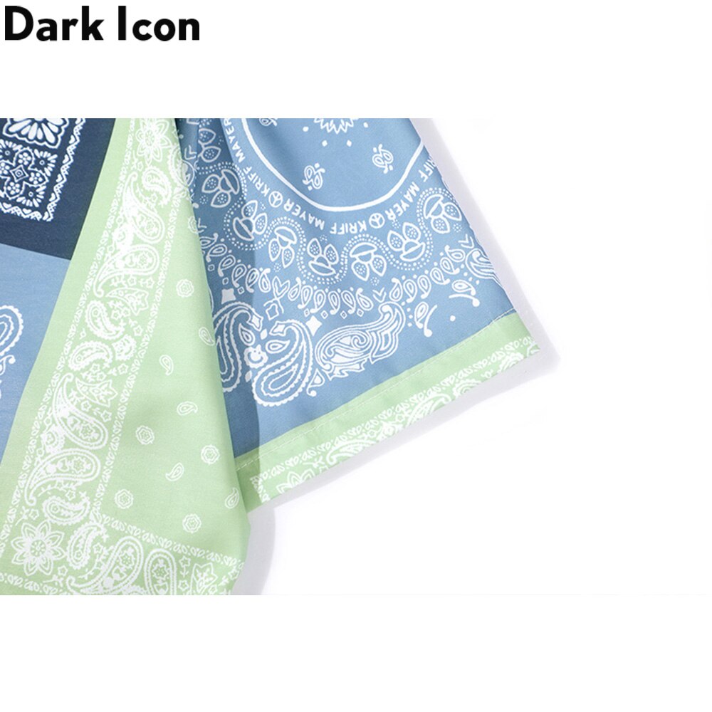 Dark Icon Green Blue Bandana Patchwork Hawaiian Shirt Men Turn-down Collar Men's Shirts