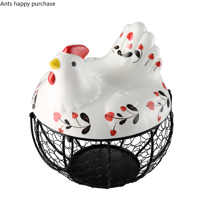 Panier de rangement en fer forgé | Couvercle de poule en céramique panier de fruits, panier de fruits à œufs Portable, fleur bleue, safran de cuisine, fournitures de stockage
