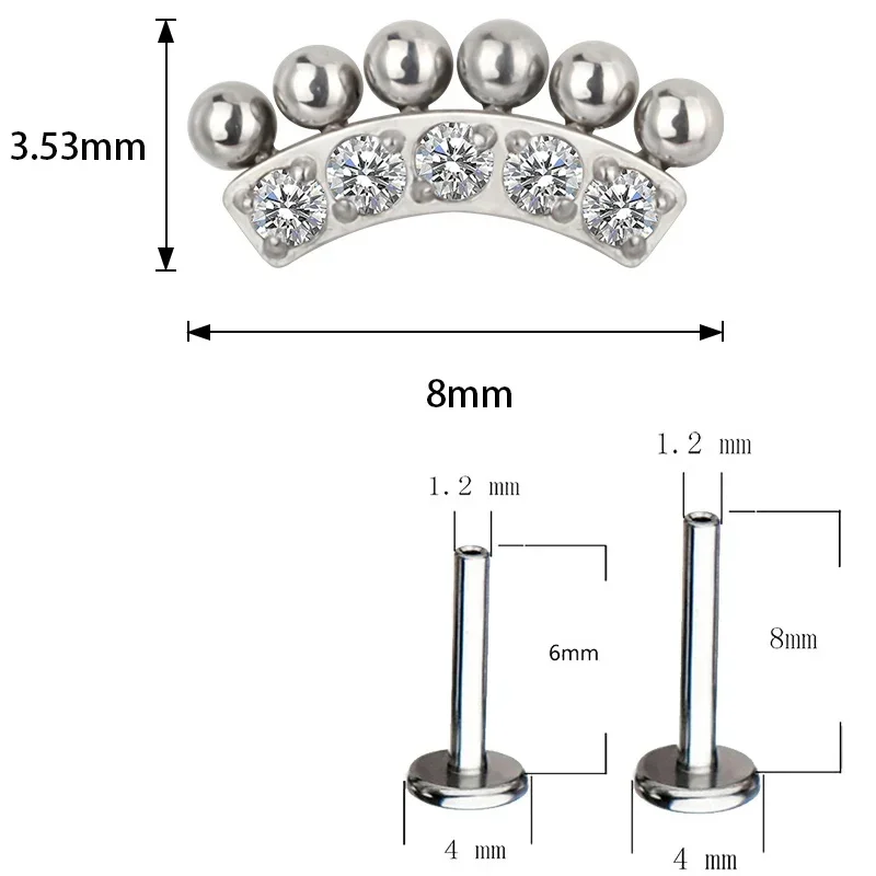 Orecchini a barra curva PIERC in titanio ASTM F136 con sfera e gioielli per piercing al corpo con labret filettato superiore pavimentato CZ