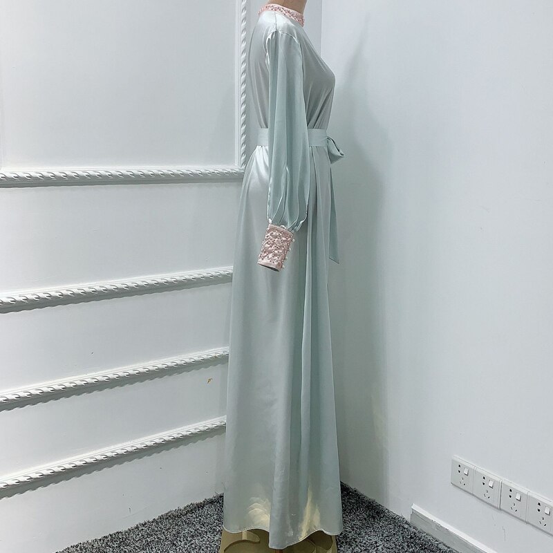 Eid Satijn Kralen Abaya Jurk Moslim Vrouwen Zomer Mode Stand Kraag Lange Mouw Elegante Vintage Lange Maxi Jurk Bescheidenheid