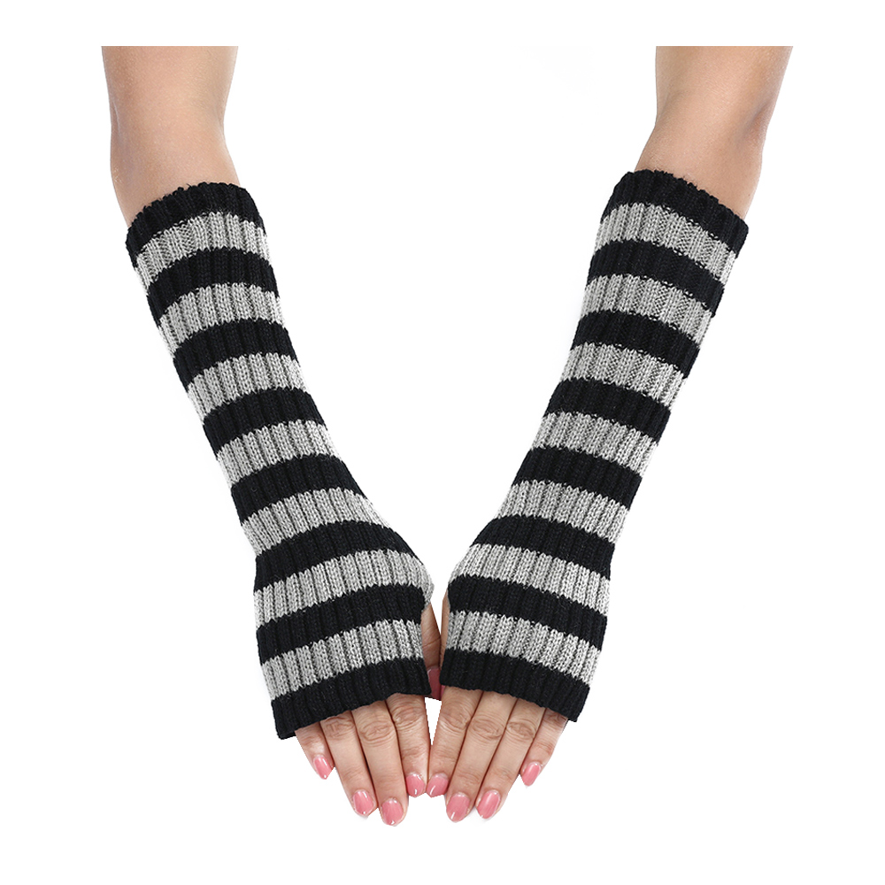Women's Knitted Fingerless Arm Sleeves Gothic Style Striped Winter Long Arm Warmers Girls Harajuku Y2K Wrist Gloves