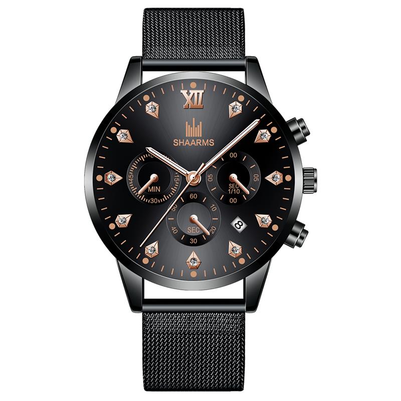 SHAARMS Men's Wristwatch Blue DialCasual Quartz Watch Stainless Steel Mesh Band Watch Date Clock Reloj Hombre