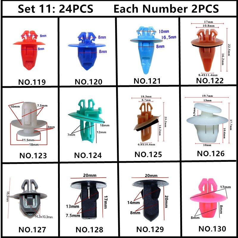 For Toyota Tundra Solara Scion Car Bumper Fender Wheel Arch Door Panel Trim Roof Cover Trunk Strip Snap Rivet Fastener Clips Kit: 24PCS Mixed Set 11