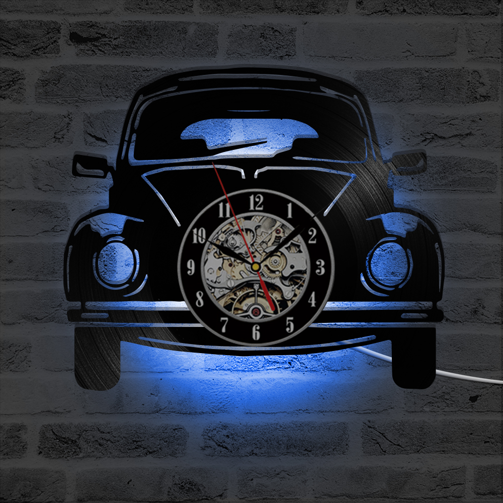 Reloj de disco de vinilo con forma de coche, creativa, estilo antiguo, decoración clásica de hogar, reloj de pared LED