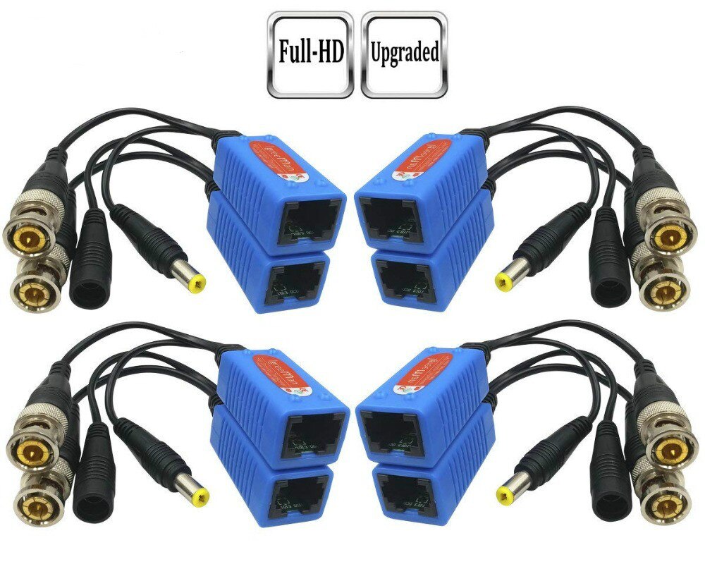 4 Pair Passive Video Balun BNC to RJ45 Adapter with Power Full HD 1080P-5MP Surveillance Security Camera Ethernet Cable