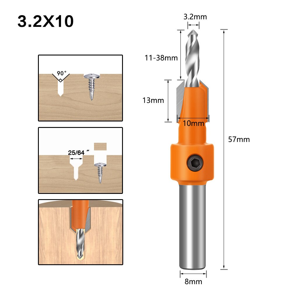 8mm Schaft HSS Holzbearbeitung Senker Bohrer Set Schraube Extractor Remon Abriss Holz Fräser Spiralbohrer Holz: 3.2mmX10mm