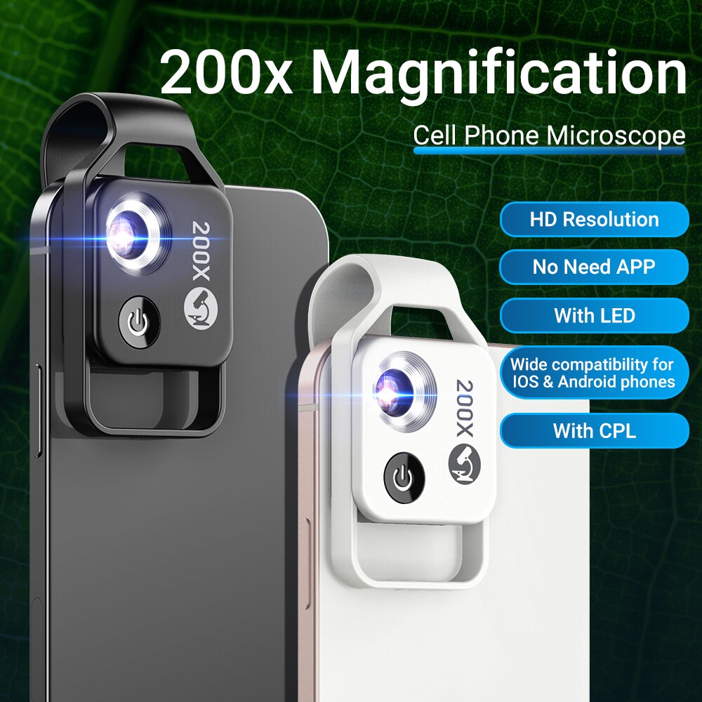 Universal 200x " hd magnification microscope lens with cpl led lights, portable mobile phone macro lens, smartphone accessory
