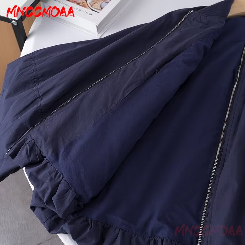 Vrouwen Bomberjack 2024 Herfst Feamle Casual Losse Donkerblauwe Lange Mouw Rits Jas Tops