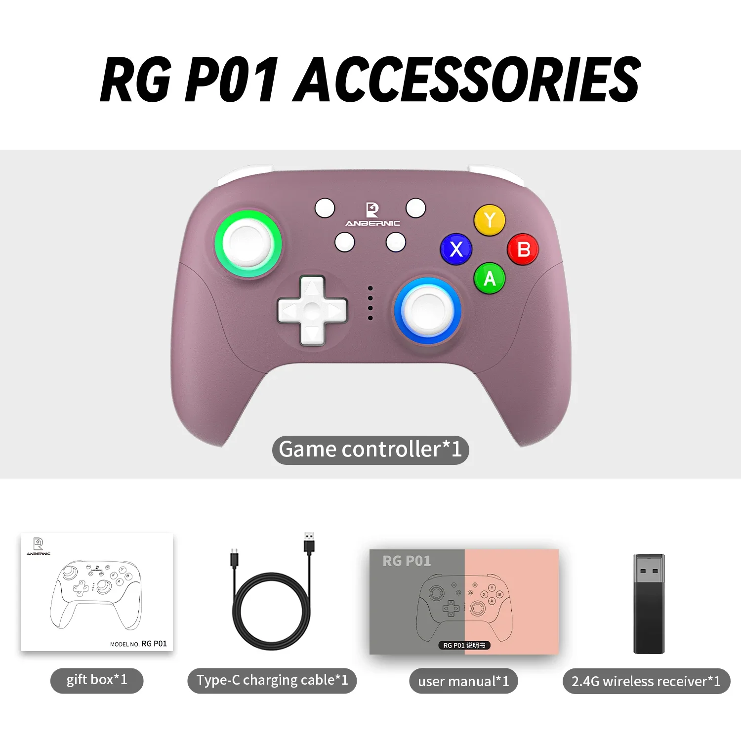 ANBERNIC RG P01 RGP01 Gamepad Game Controller Hall Effect Joystick XBOX Wired Wireless Bluetooth For PC Android IOS Steam RGB: PURPLE