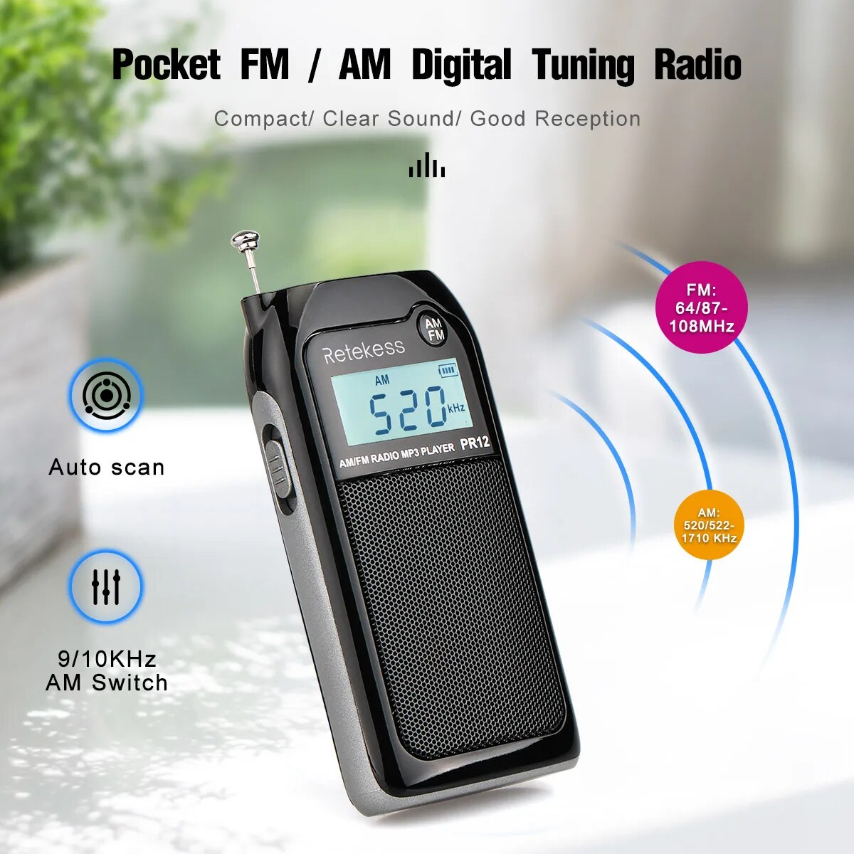 RETEKESS-Radio de bolsillo PR12 para ancianos, Mini receptor portátil MP3 con pantalla retroiluminada, estéreo Digital, compatible con tarjeta TF