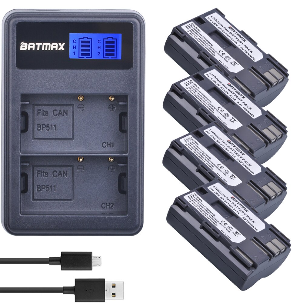 Batmax-Batería de repuesto para cámara de BP-511, cargador Dual LCD USB para Canon G6 G5 G3 G2 G1 EOS 300D 50D 40D 30D 20D 5D: 4B with charger
