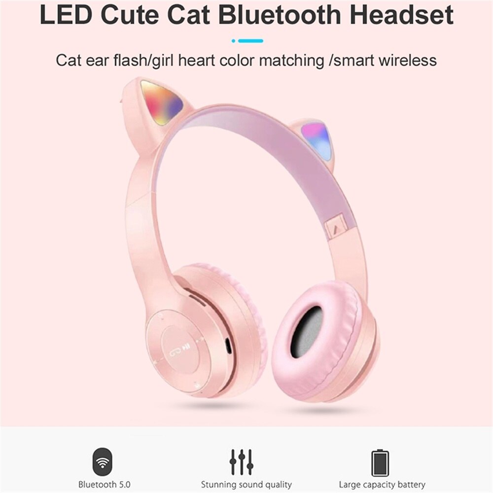Cute Cat Ears Bluetooth Wireless Headphone With Mic Noise Cancelling Stereo Music Helmet Phone Headset Kid Girl