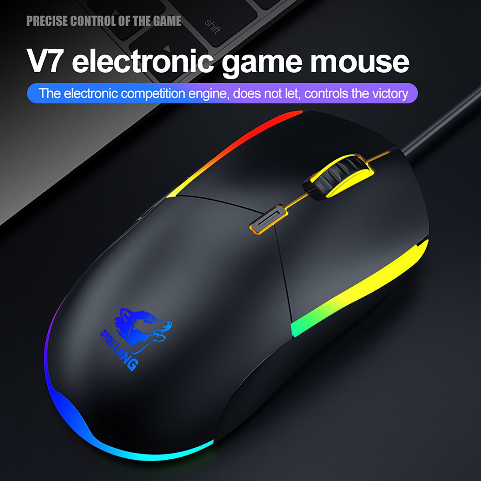 Gaming-maus mit 7 v 7 , 6 tastenbeleuchtung, optischer led-beleuchtung, 2400 dpi-einstellung, usb-anschluss für laptops und pcs