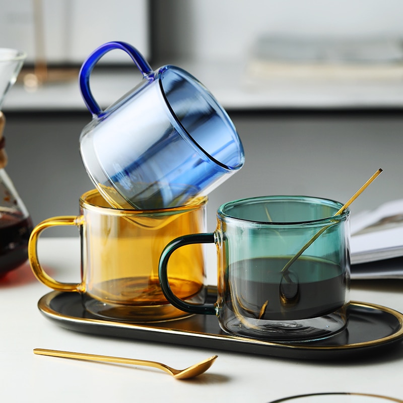 Multi-Color Double Bottom Glass Coffee Cup Milk Tea Heat Resistant Mug Drinkware Mugs For Home Office