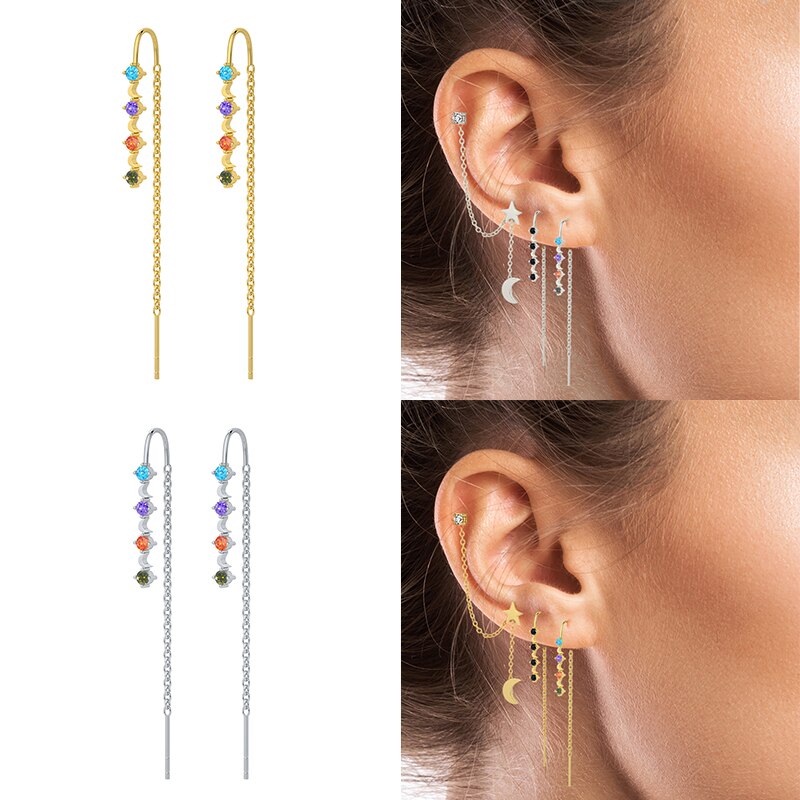 Aide 925 Sterling Zilver Kleurrijke Zirkoon Lange Ketting Kwast Threader Oorbellen Voor Vrouwen Oorbellen Partij Sieraden Pendientes