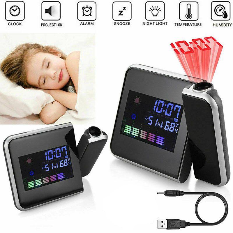 Digital Alarm Clock LED Projection Temperature Thermometer Desk Time Date Display Projector Calendar USB Charger Table Clock