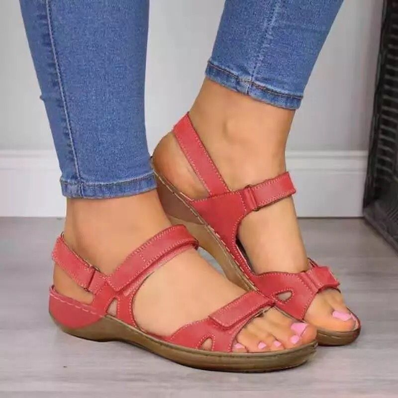 Sandalias ortopédicas para mujer, sandalias de playa con cuña y correa en el tobillo, Sandalias planas cómodas con punta abierta, zapatos planos para caminar para mujer: Rojo / 42