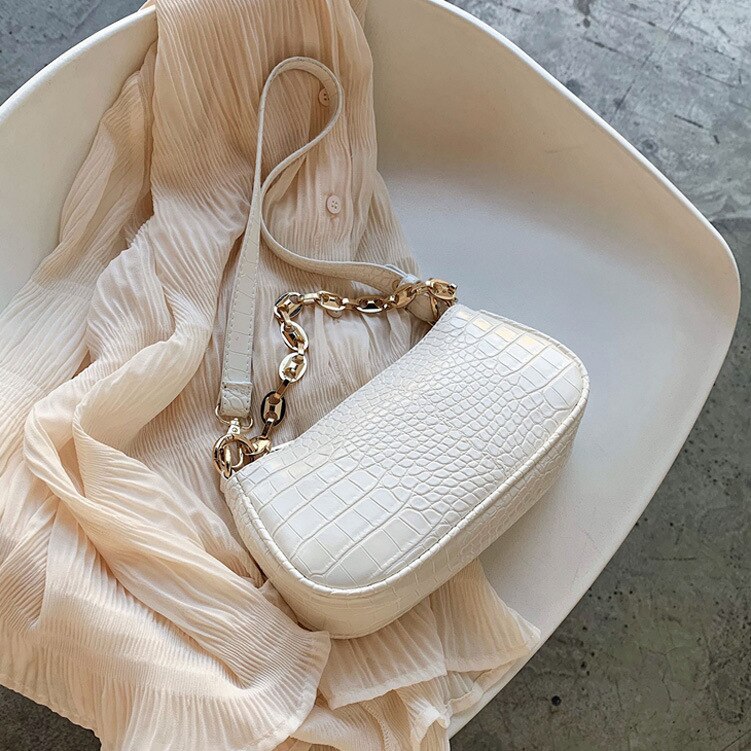 Krokodille mønster baguette tasker mini pu læder skuldertasker til kvinder kæde luksus håndtaske kvindelige rejser: Hvid