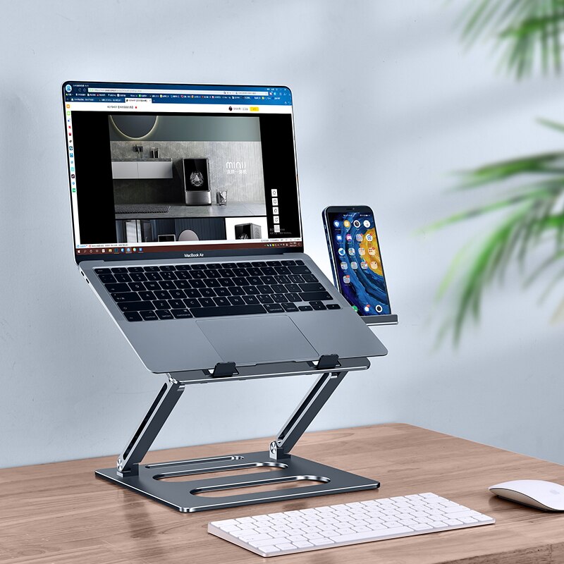 Adjustable Laptop Stand Base Support Notebook Stand For Macbook Tablet Computer iPad Cooling Pad Bracket Table With Phone Holder: Dark Gray