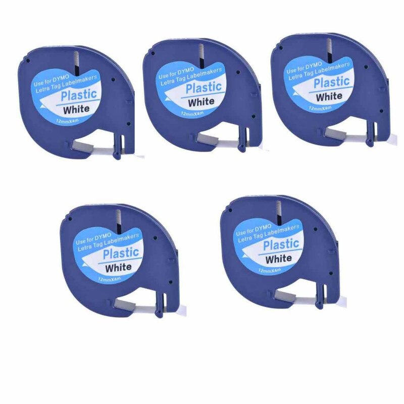 5 bandas de etiquetas de plástico para compatibilidad en blanco y negro para fabricantes de etiquetas Dymo Letratag Qx 50, Xr, Xm, 2000 y Plus