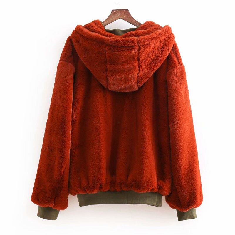 Long sleeve black winter women's double-sided wearing bomber jacket jacket wild loose faux fur hooded women's jacket