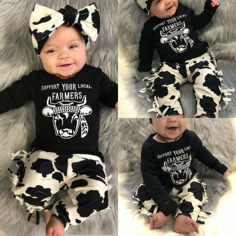 Uk nyfødt baby pige dreng ko toppe t-shirt kvaster bukser pandebånd outfits tøj